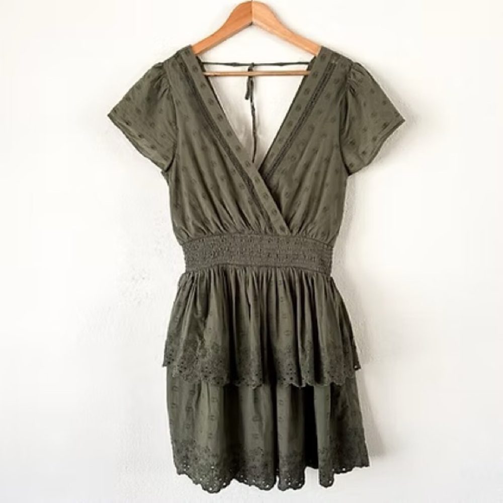 NEW AE Garden Party Eyelet Lace Olive Green Wrap Mini Dress S American Eagle